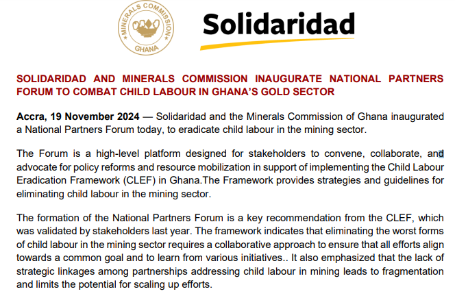 SOLIDARIDAD AND MINERALS COMMISSION INAUGURATE NATIONAL PARTNERSFORUM TO COMBAT CHILD LABOUR IN GHANA’S GOLD SECTOR